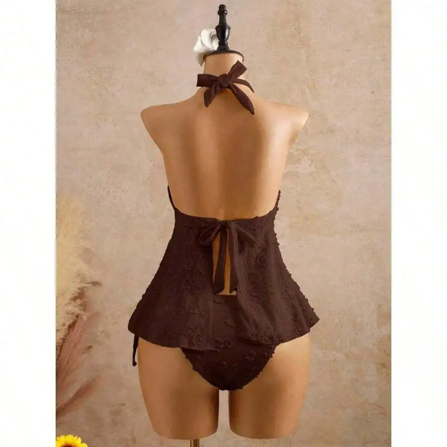 Women’s Halter Neck Swim Dress | Lace Texture One-Piece Swimsuit with Tummy Control