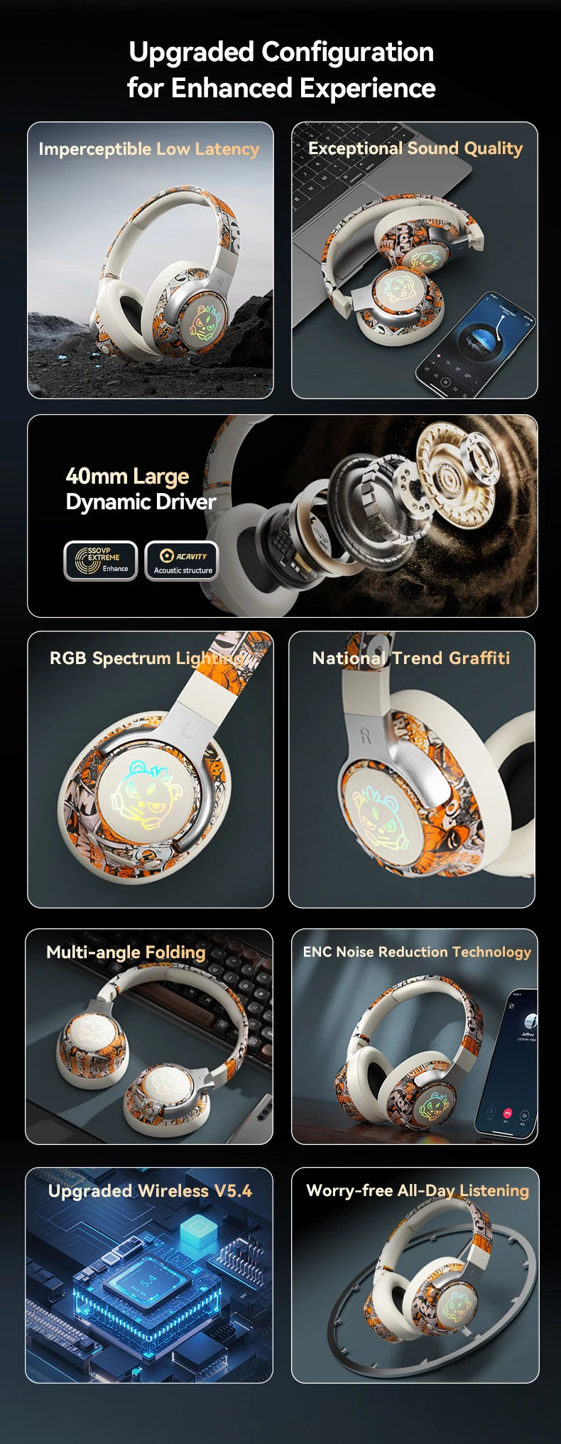 Wireless LED Light-Up Graffiti Style Bluetooth Over-Ear Headphones