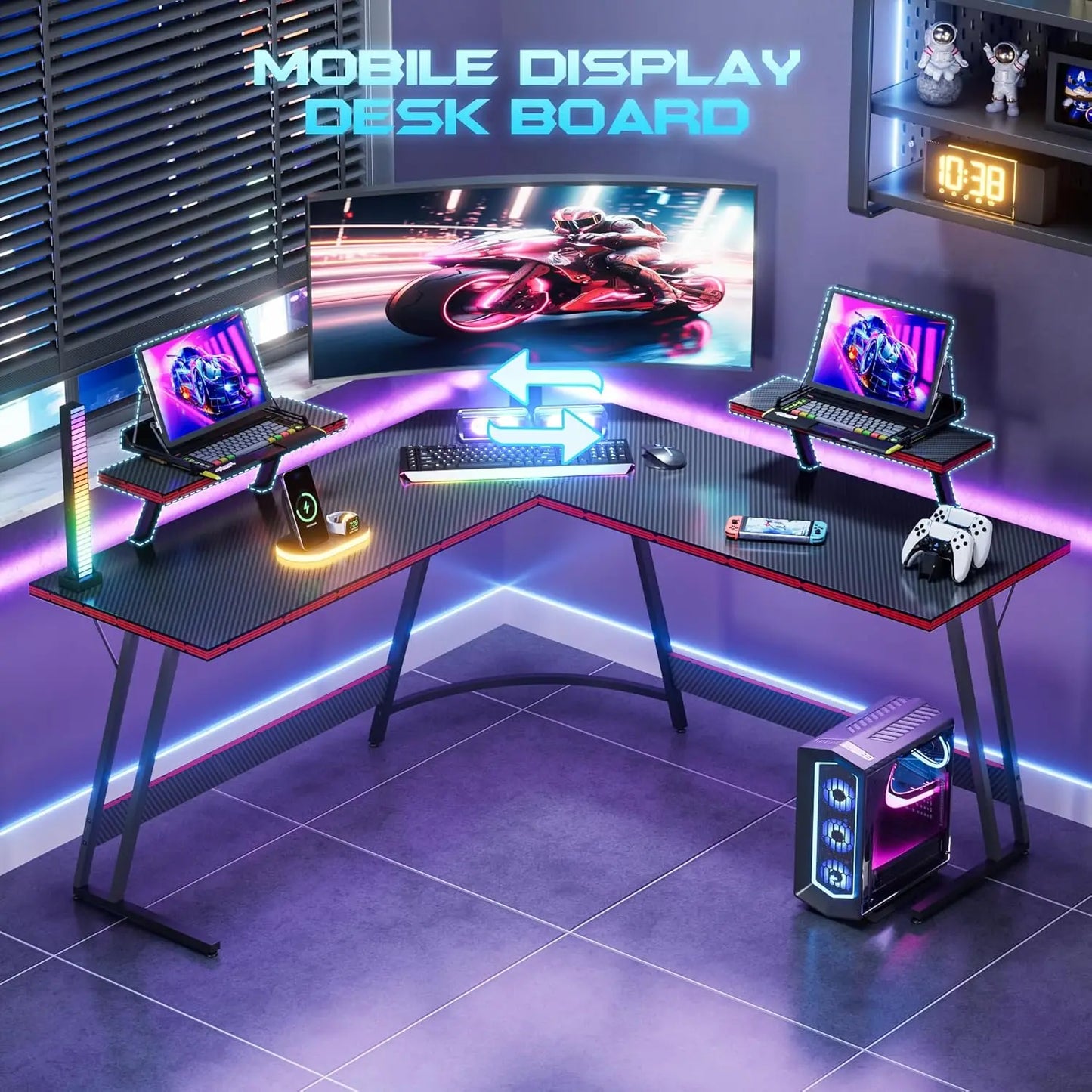L Shaped Gaming Desk Computer Corner Desk PC Gaming Desk Table with Large Monitor Riser Stand for Home Office Sturdy Writing