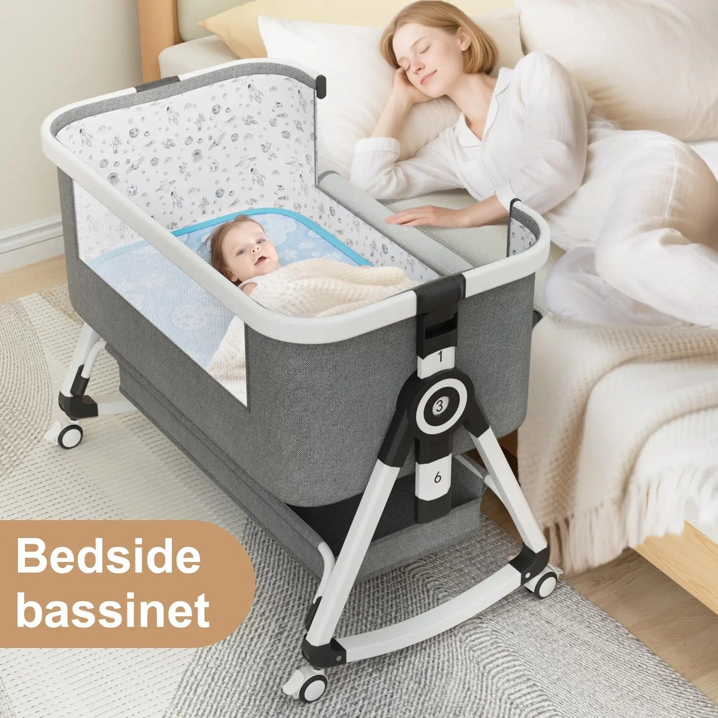 3-in-1 Portable Baby Bassinet & Bedside Sleeper with Storage Basket, Wheels & Adjustable Height
