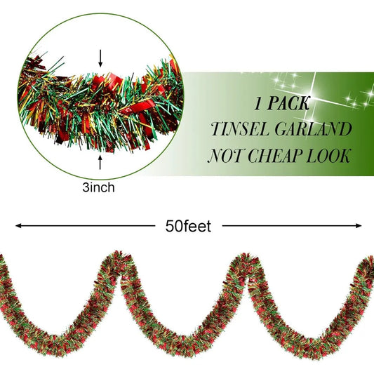 50 Feet Christmas Tinsel Garland Metallic Twist Garland Xmas Tree Decorations Wedding Birthday New Year Hanging Ornaments Party