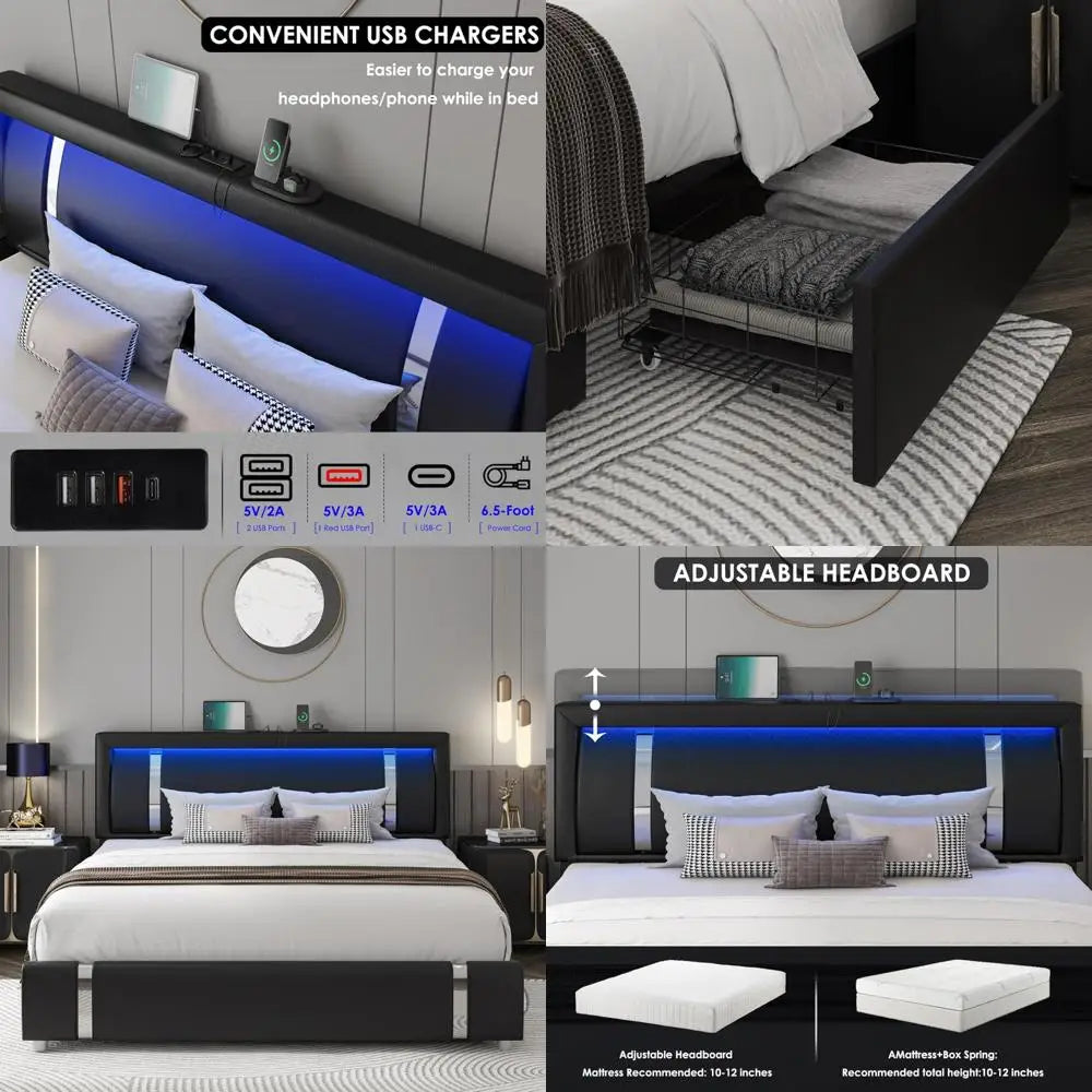 "contemporary rgb led-lit faux leather bed frame with storage drawers and smart platform design"