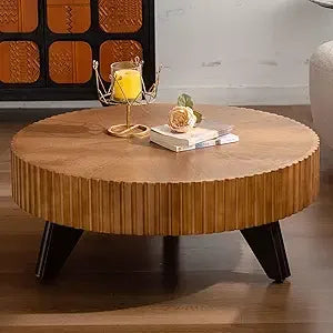 Round Coffee Table, Modern Black Side Table End Table for Living Room, Wood Circle Drum Coffee Table with Handcrafted Relief,
