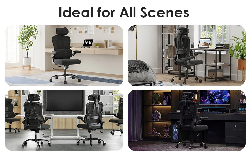 Ergonomic High Back Office Chair with Adjustable Headrest, Lumbar Support, Flip-Up Armrests & Reclining Computer Desk Chair