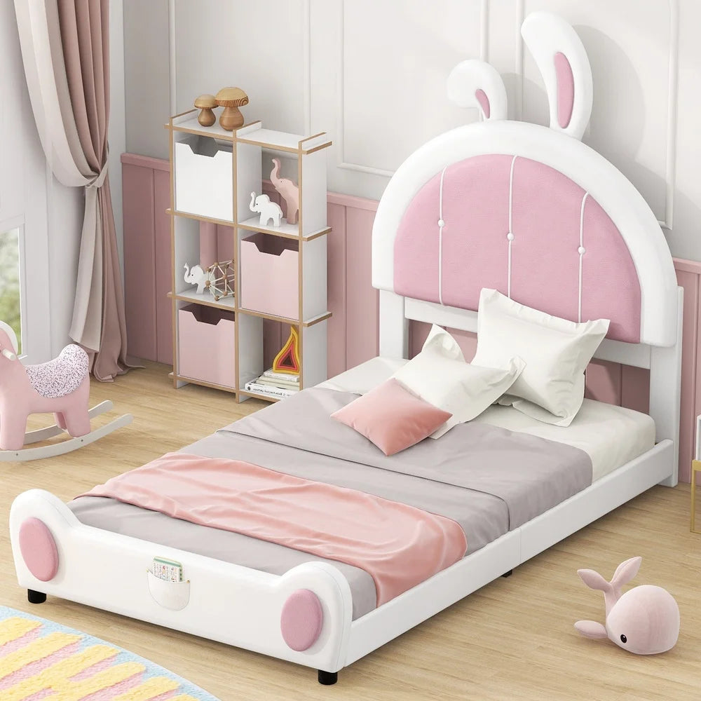 Upholstered Twin Platform Bed with Bunny Headboard Low Profile Kids Bed Easy Assembly Solid Wood Fun Design