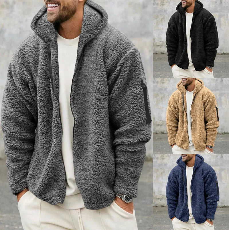 2024 Men's Autumn and Winter Double-Sided Fleece Warm Jacket  Loose Hooded Casual Jacket