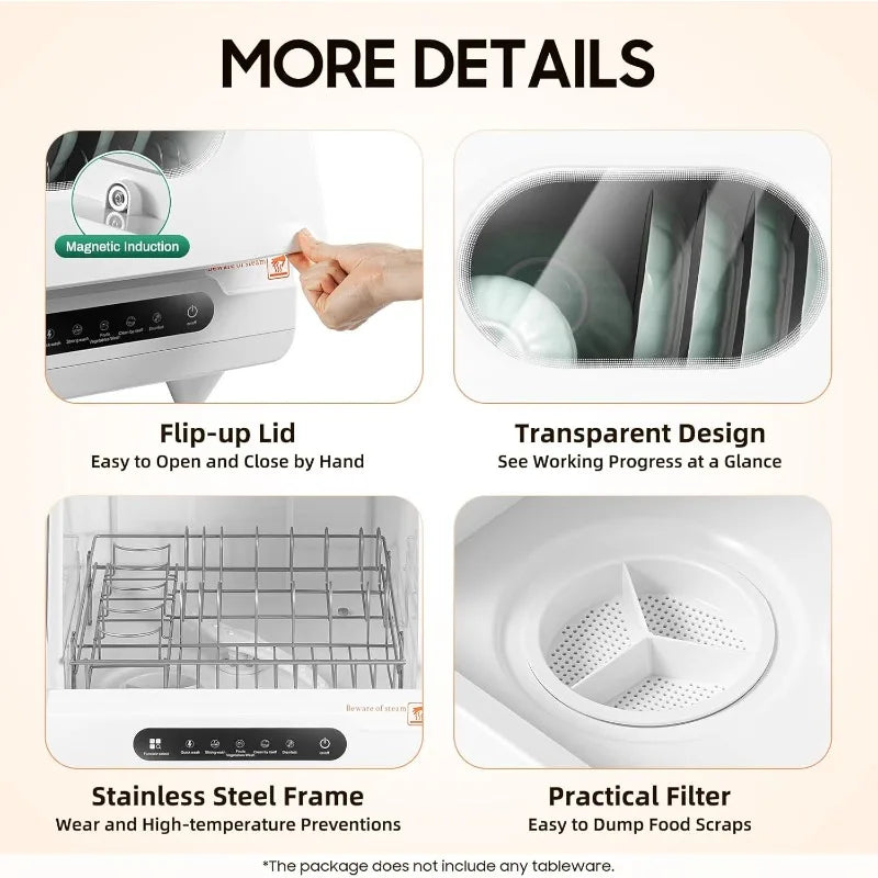 Portable tabletop dishwasher, compact dishwasher, countertop dishwasher, leak-proof drying, 360° spray arm, 5 programmes, white.