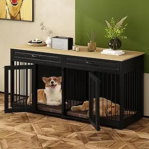 Super Large Dog Crate Furniture, 92.9" Wooden Dog Crate Kennel with 4 Drawers and Divider, XXXL Heavy Duty Dog Crates Cage Furni