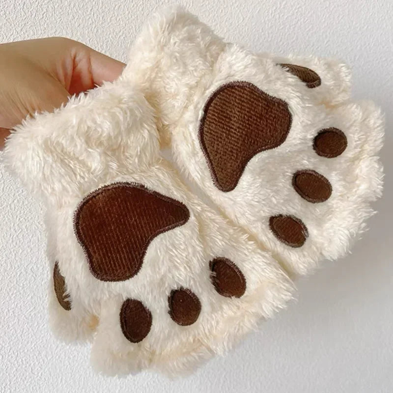 Lovely Plush Cat Claw Paw Gloves Short Fingerless Mittens