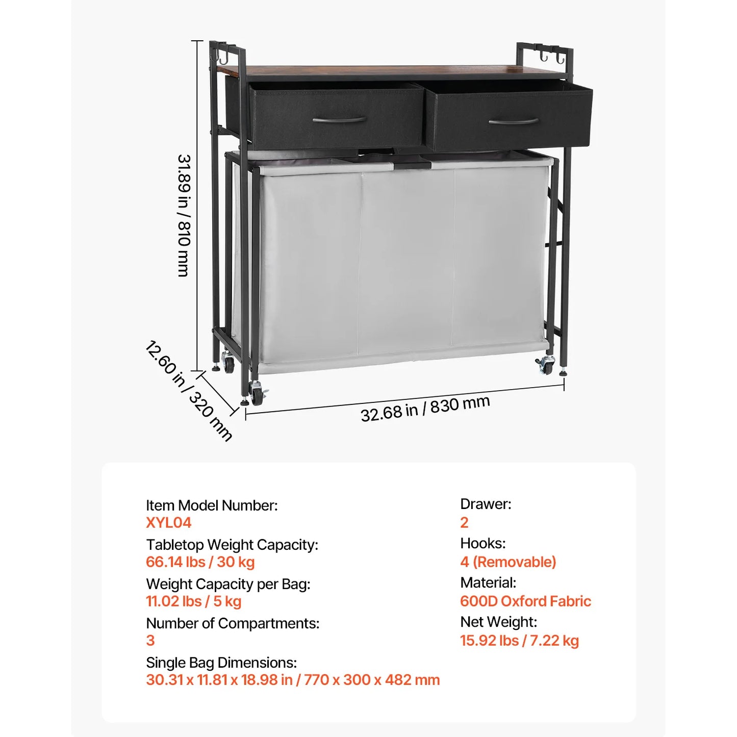 3-Section Laundry Sorter with Storage Shelf. Rolling Laundry Organizer