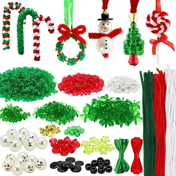 45 Sets Christmas Beaded Ornament Kit, Christmas Beads for Crafts with Pipe Cleaners to Make Snowman Christmas Tree Wreath Cand