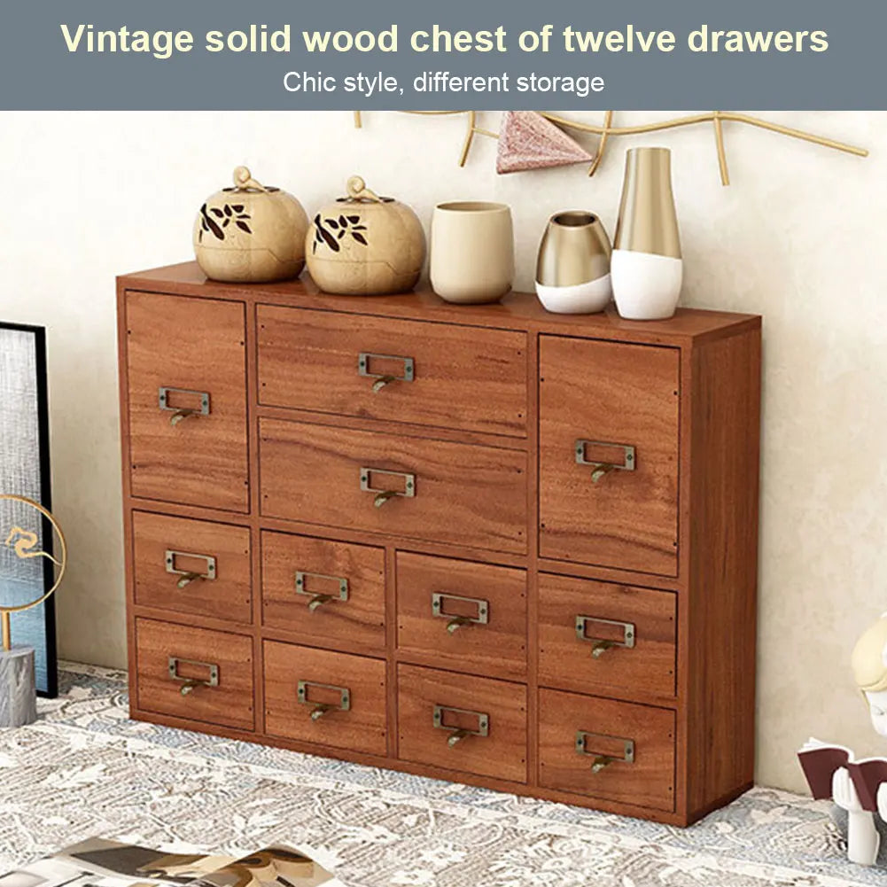 12 Drawer Wooden Apothecary Cabinet with Label Slot & Metal Handle Tabletop Storage Box Library Card Catalog Cabinet for Desk