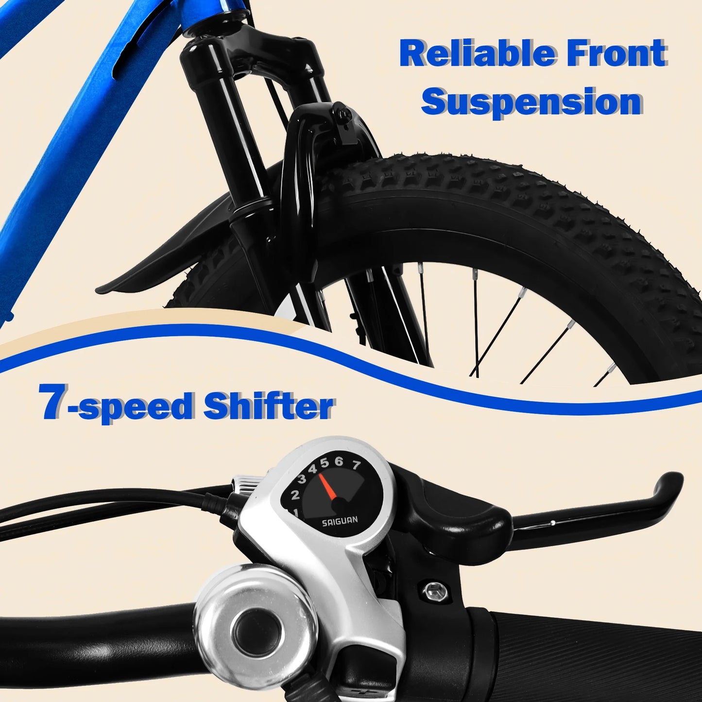 20-Inch Kids Mountain Bike . 7-Speed Bicycle for Boys & Girls Ages 6–12 with Front Suspension  Description: