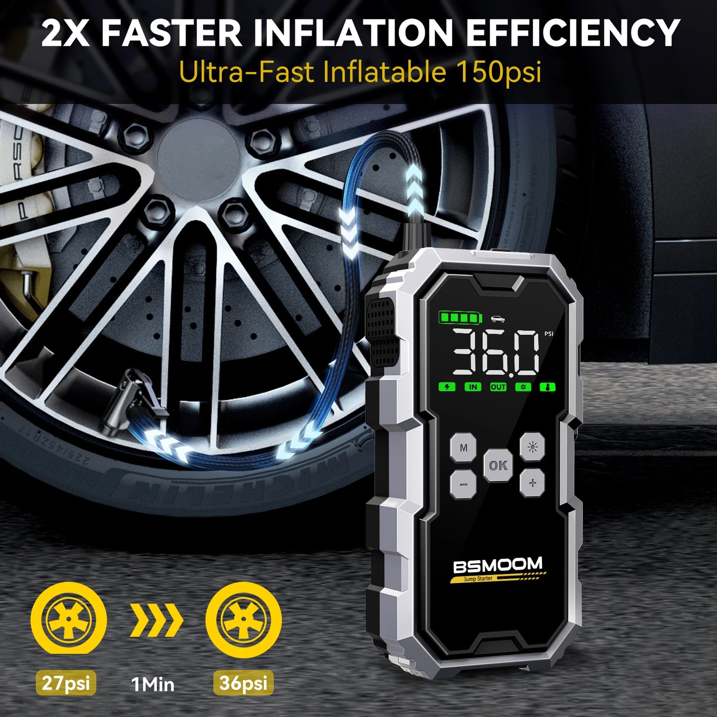 Portable Car Jump Starter with Air Compressor LCD Display 21800mAh Battery Pack