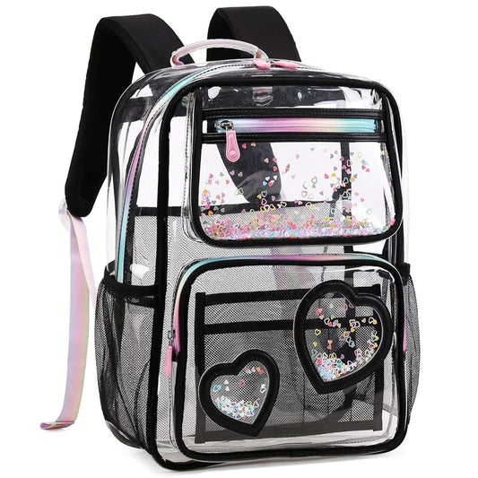 Clear Backpack for Girls Women Transparent Kids Elementary College School Bag Travel Laptop Backpacks Large Bookbags (Black)