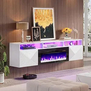 80 inch Floating TV Stand with 40" Electric Fireplace, Wall Mounted Electric Fireplace Entertainment Center with Storage Space,