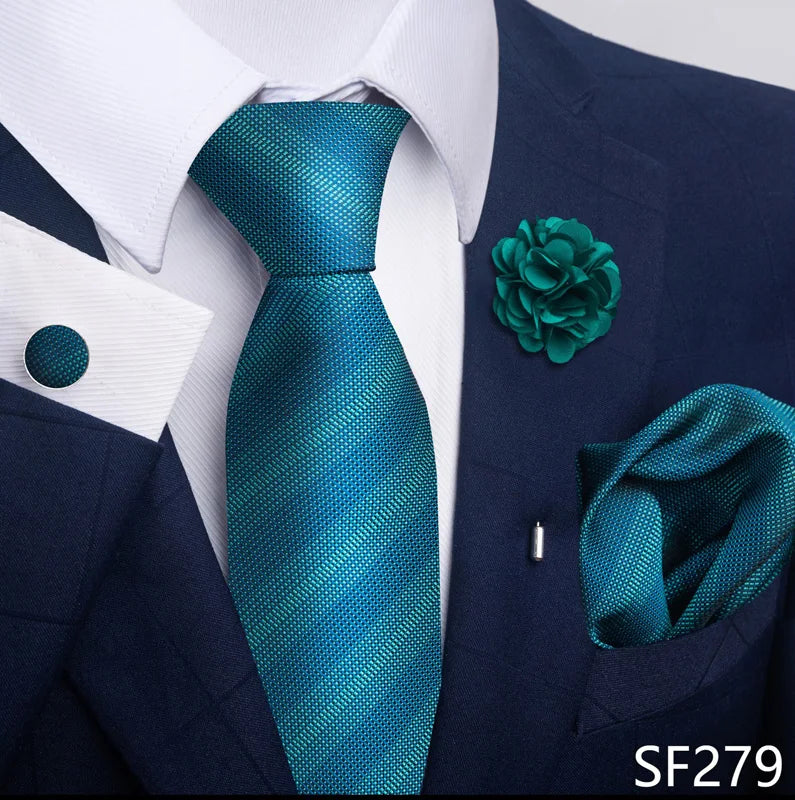 Luxury Green Floral Men’s Necktie Set .Tie, Pocket Square & Cufflinks
