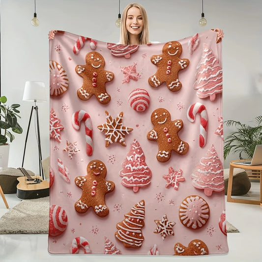 1pc Soft Pink Gingerbread men & Candy stripes Flannel Throw Blanket - Christmas Winter Decor Cozy Warm All-Season Couch Bed