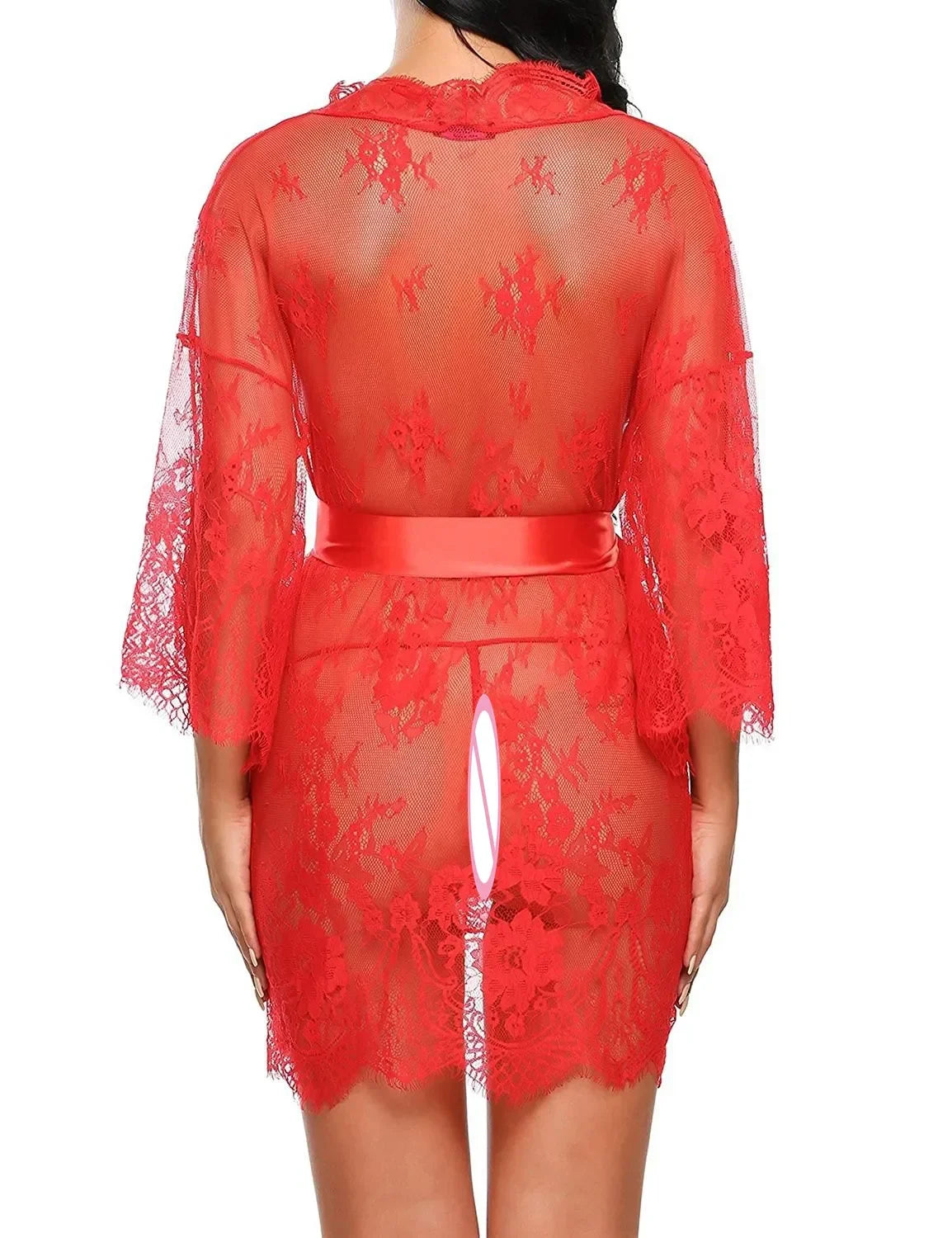 Women's Sheer Lace Robe. Floral Mesh Lingerie Nightgown with Ruffle Trim