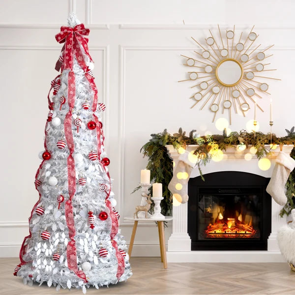 7 FT Fully Decorated Pre-lit Christmas Tree, Pop Up Artificial Xmas Tree with 170 Warm Lights and Red Ornaments for Home Office Store Holiday Deco, White