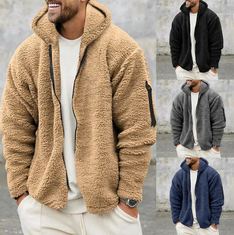 2024 Men's Autumn and Winter Double-Sided Fleece Warm Jacket  Loose Hooded Casual Jacket