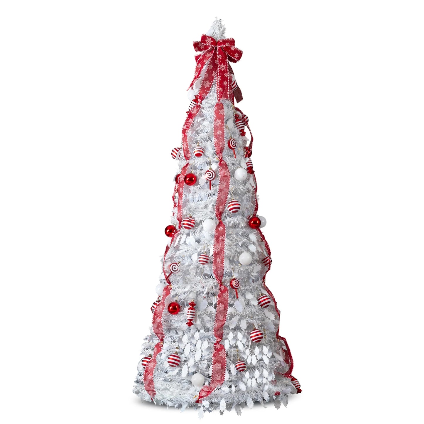 7 FT Fully Decorated Pre-lit Christmas Tree, Pop Up Artificial Xmas Tree with 170 Warm Lights and Red Ornaments for Home Office Store Holiday Deco, White