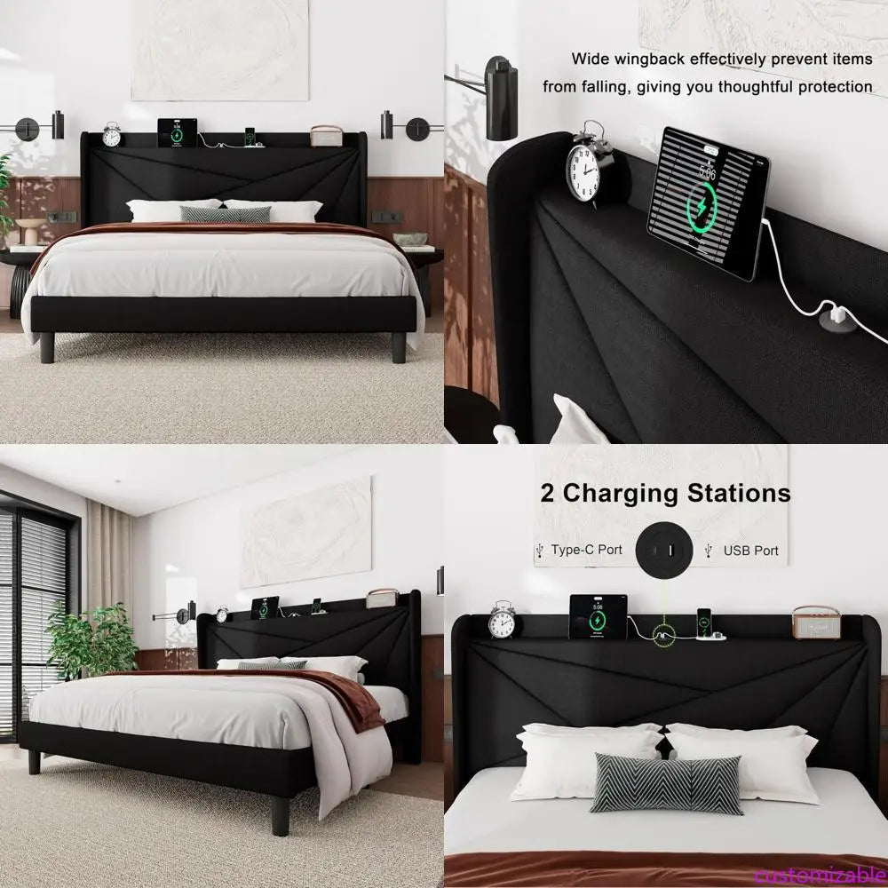 "linen-covered king-sized platform bed with wingback headboard and built-in charging station"