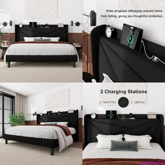 "linen-covered king-sized platform bed with wingback headboard and built-in charging station"