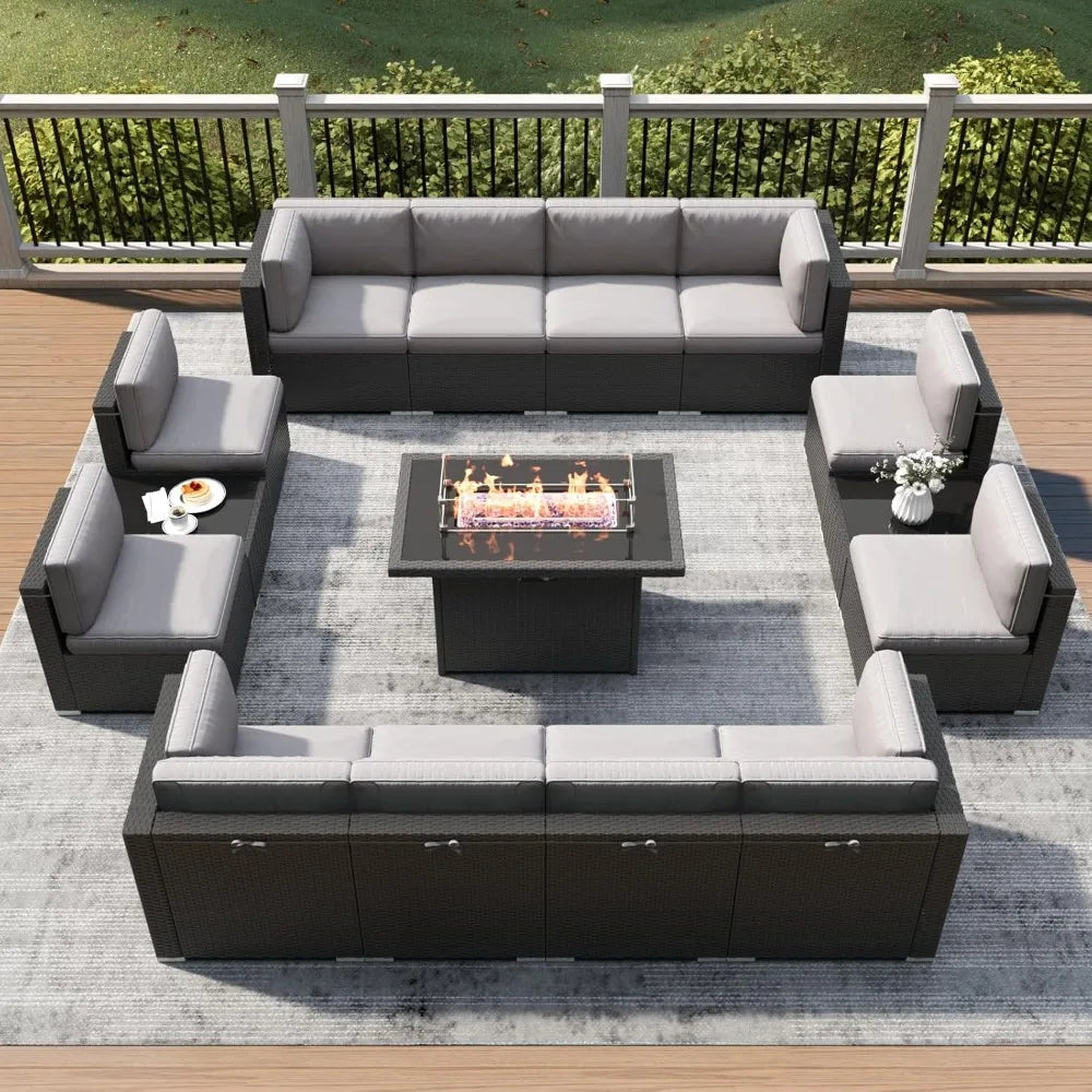 15 Piece Patio Furniture Set with Fire Pit Table, Outdoor Conversation Sets Wicker Rattan Sectional Sofa with Coffee Table.