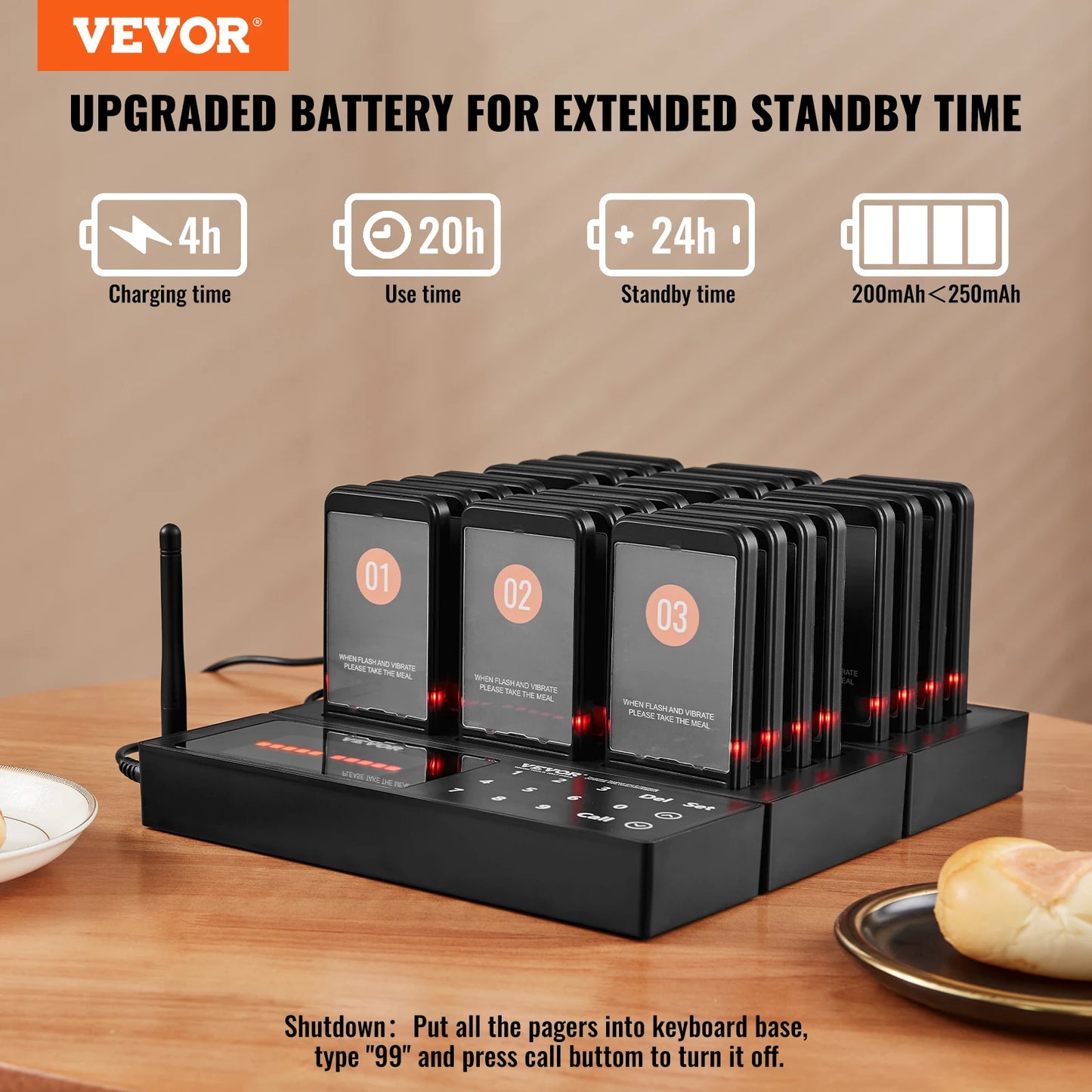 VEVOR 24 Buzzers Restaurant Pager System Touch Panel Wireless Calling System for Coffee Shop Restaurant Guest Queue Pager System