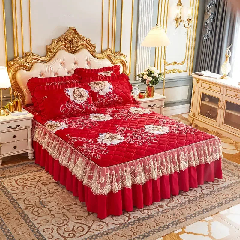 Luxury European Velvet Quilted Bed Skirt Set