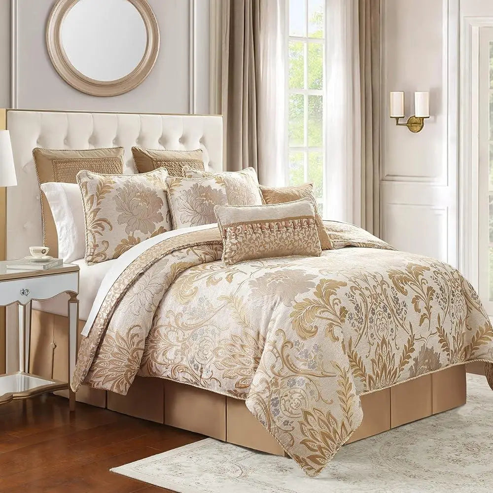 Queen Comforter Set 6 Piece Floral Jacquard Shams Bed Skirt