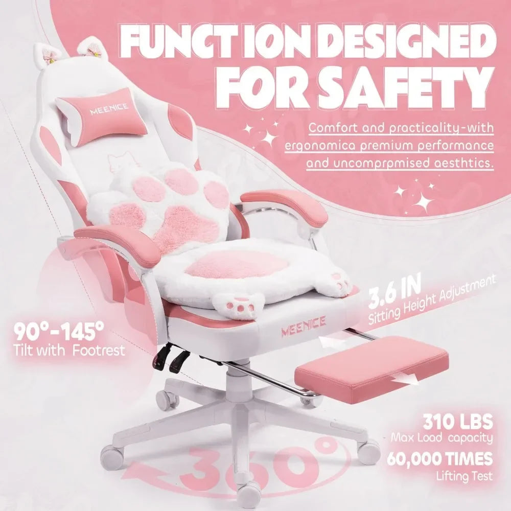 Pink Gaming Chair Cute with Cat Ears Paw Lumbar and Cushion,Ergonomic Computer Chair with Footrest,Reclining PC Game Chair for G