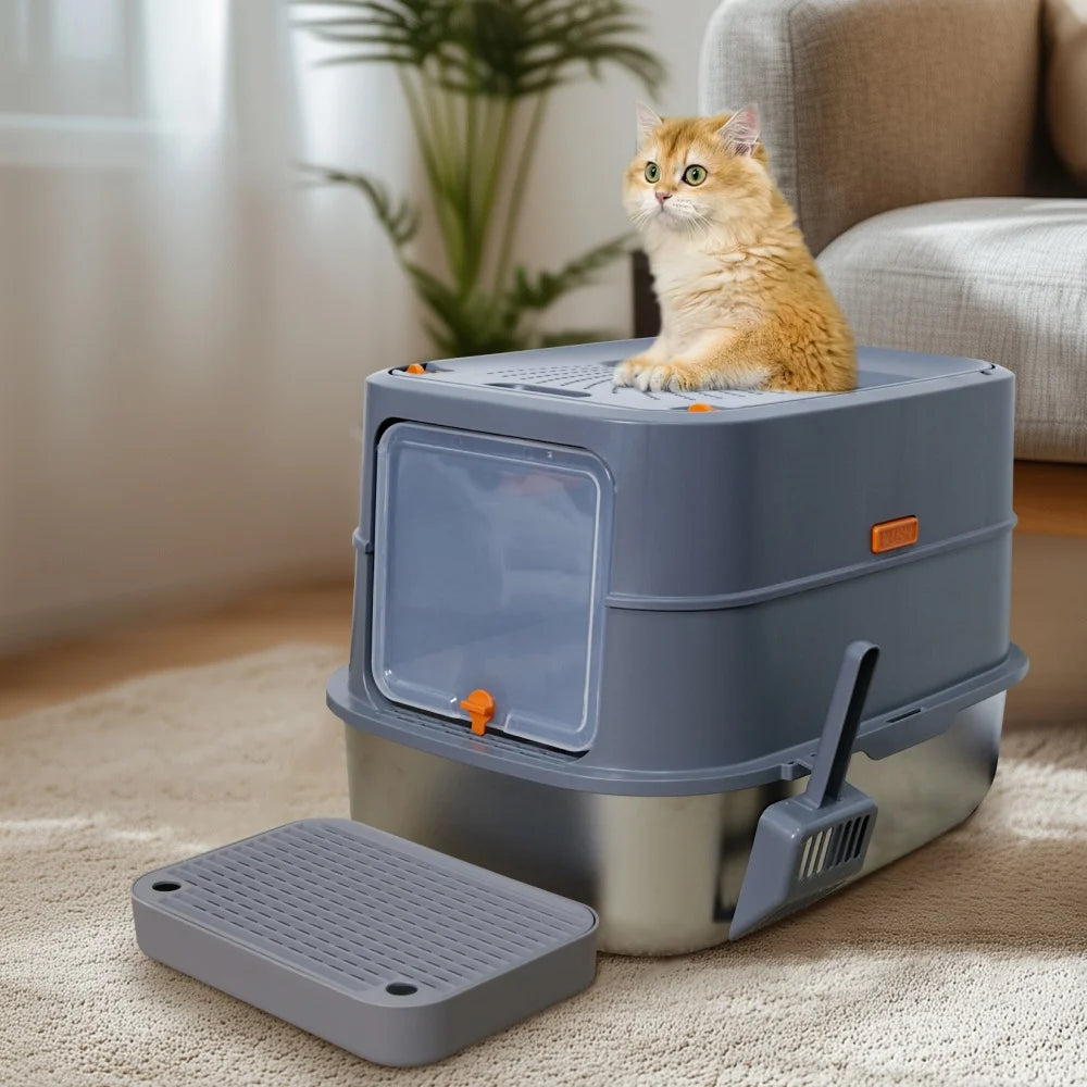 Extra Large Stainless Steel Cat Litter Box Full Enclosed Cat Litter Tray Pan High Sided Enclosure Removable Lid with Scoop