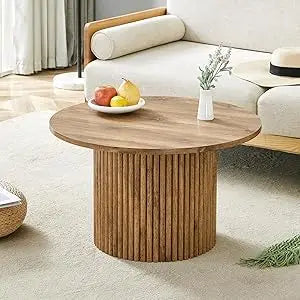 Round Coffee Table, Modern Black Side Table End Table for Living Room, Wood Circle Drum Coffee Table with Handcrafted Relief,