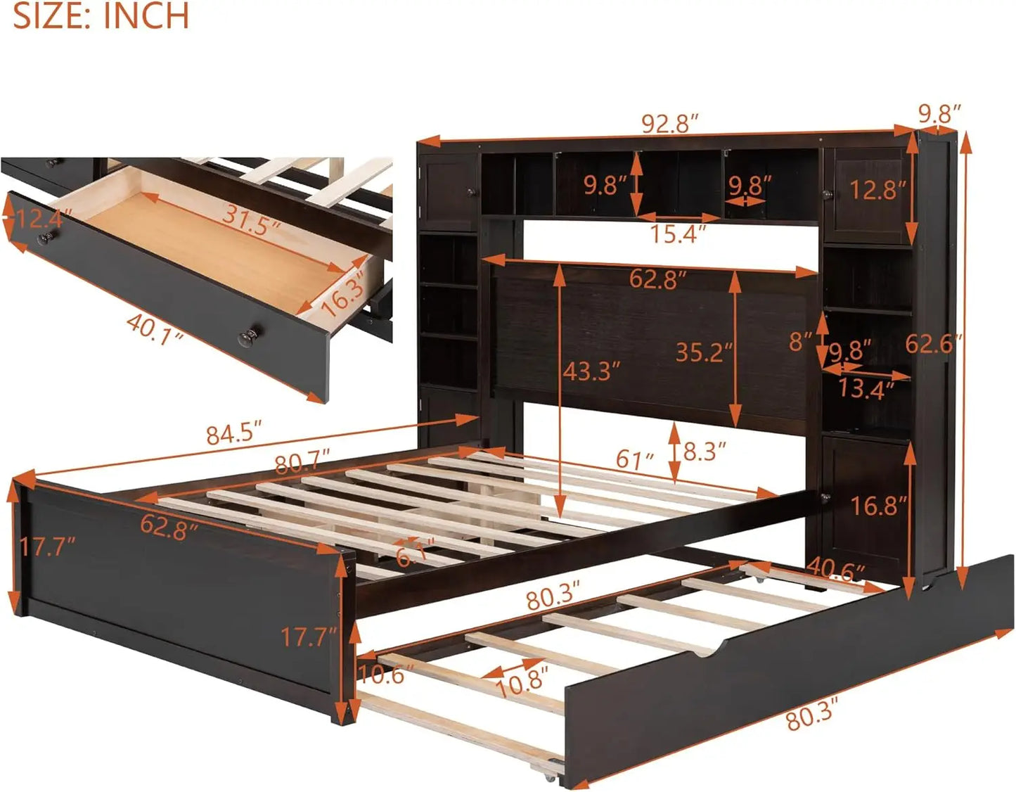 Storage Bed with Bookcase Headboard Platform Bed with Trundle and 2 Storage Drawers Solid Wood Bed Frame with Cabinet and Shelf