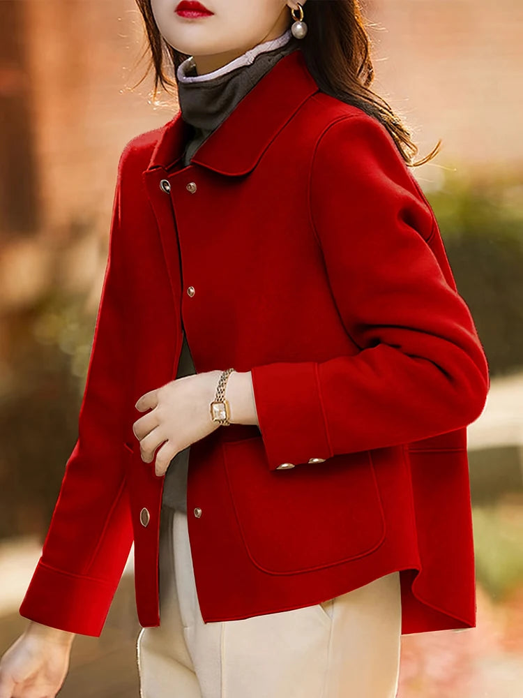 Women's Short Woolen Coat. Classic Button-Front Autumn & Winter Jacket