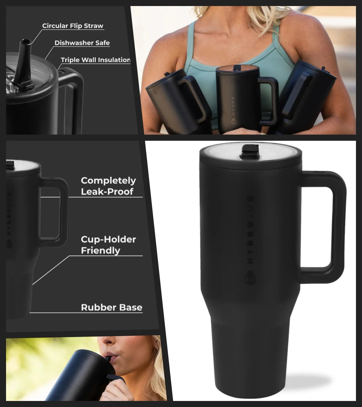 40 oz Insulated Travel Tumbler with Handle & Flip Straw .Leakproof Water Bottle for Travel, Work & Fitness