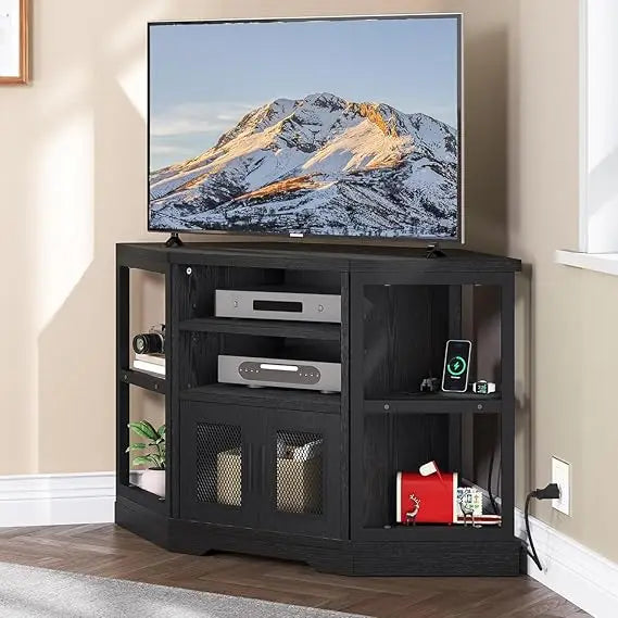 Corner TV Stand for TVs up to 55/50 Inch with Power Outlet, Modern Farmhouse Entertainment Center, Wood TV Media Console with S