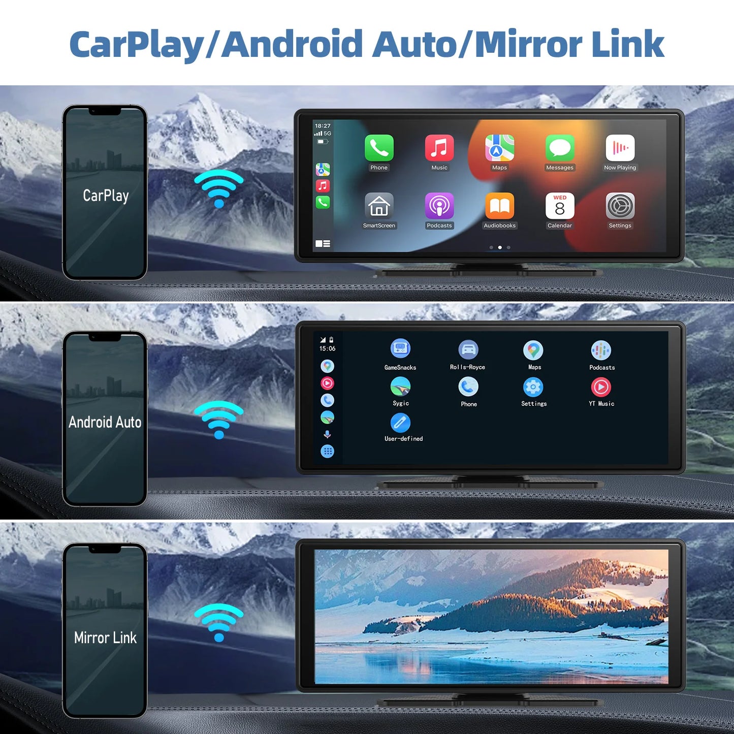 Portable Wireless CarPlay & Android Auto Car Stereo .10.26” HD Touchscreen Display with Bluetooth, GPS & Voice Control  Description: