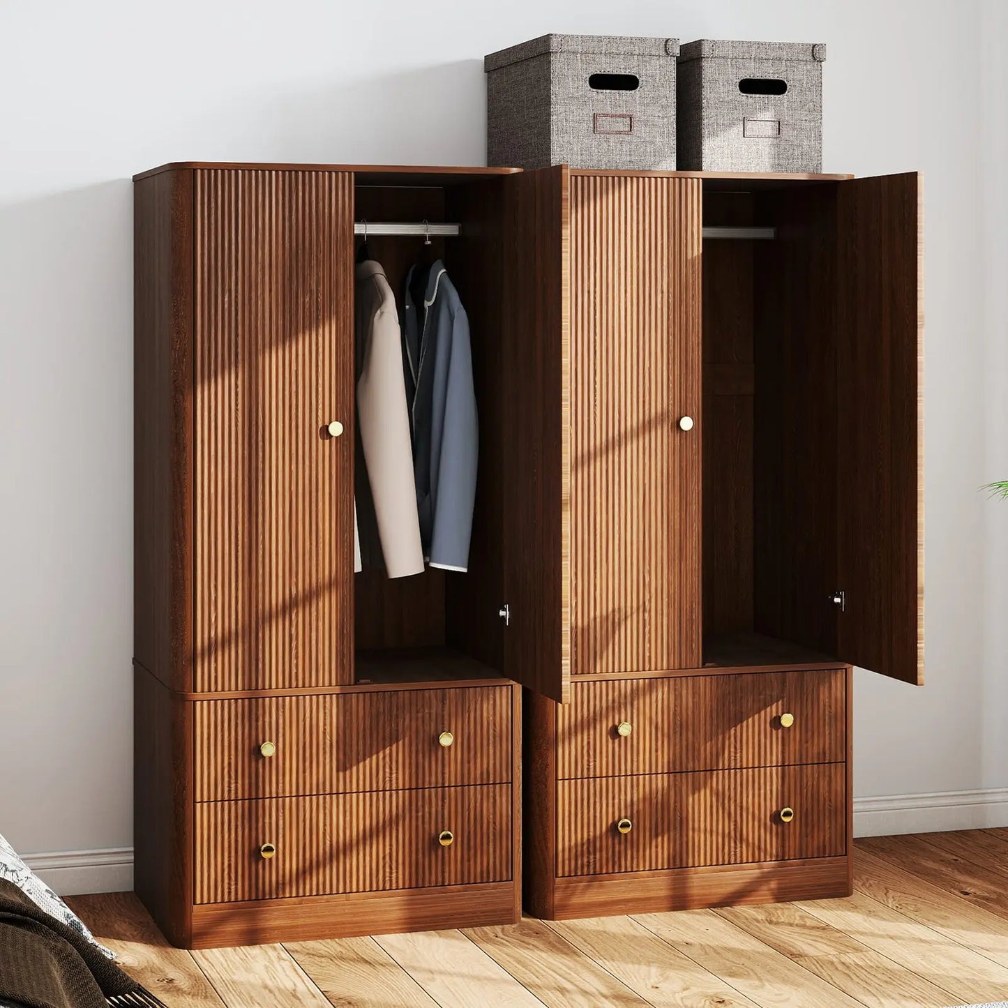 Clothing Wardrobe 2 Doors 2 Drawers Elegant Wooden Freestanding Storage Cabinet for Bedroom Living Room Office Walnut