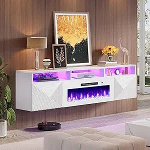 80 inch Floating TV Stand with 40" Electric Fireplace, Wall Mounted Electric Fireplace Entertainment Center with Storage Space,