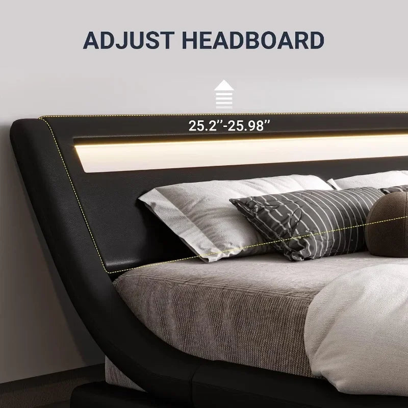 Queen Size Upholstered Platform Bed with Adjustable LED Headboard