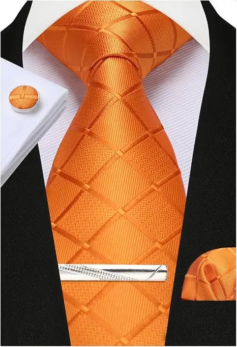 100% Silk Plaid & Checkered Men’s Tie Set with Pocket Square, Tie Clip & Cufflinks. Business & Wedding Necktie Gift Set  Optimized Description