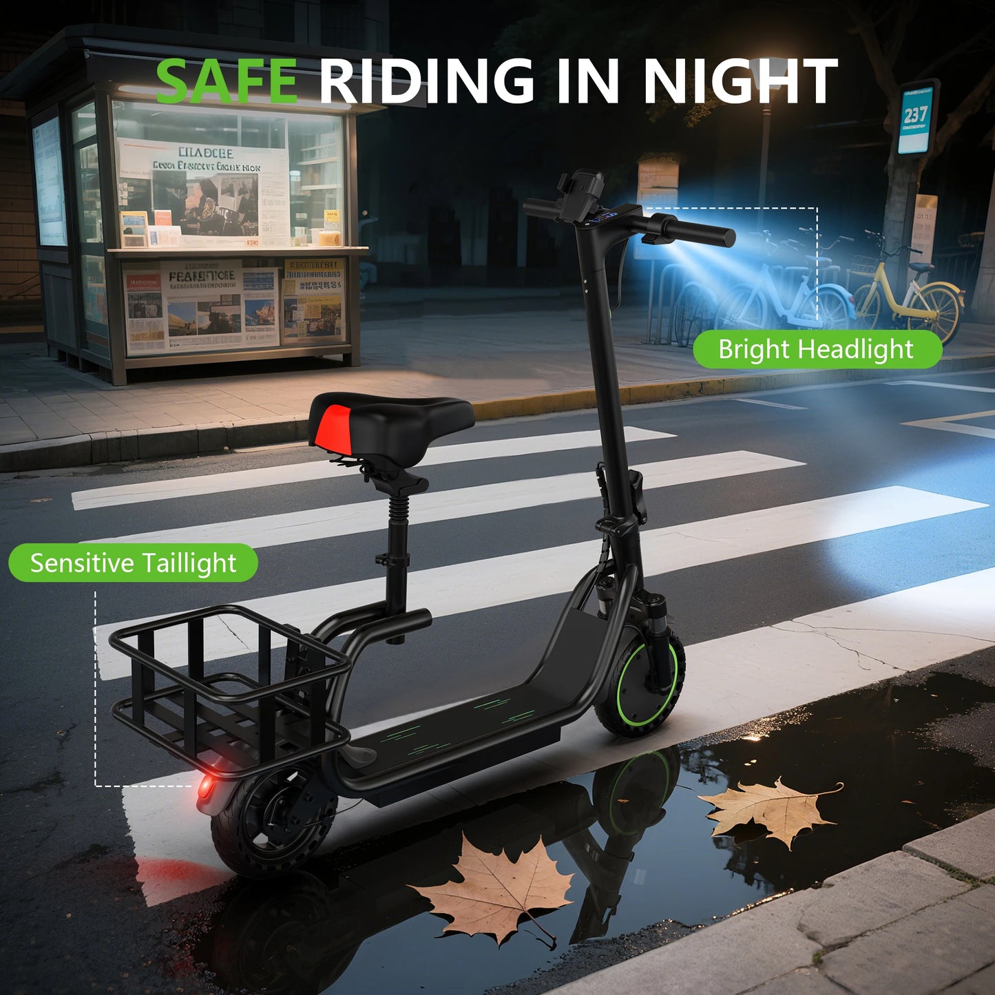 Maxshot 8.5” Electric Scooter with Seat & Basket – 350W Motor, Long Range Commuter E-Scooter