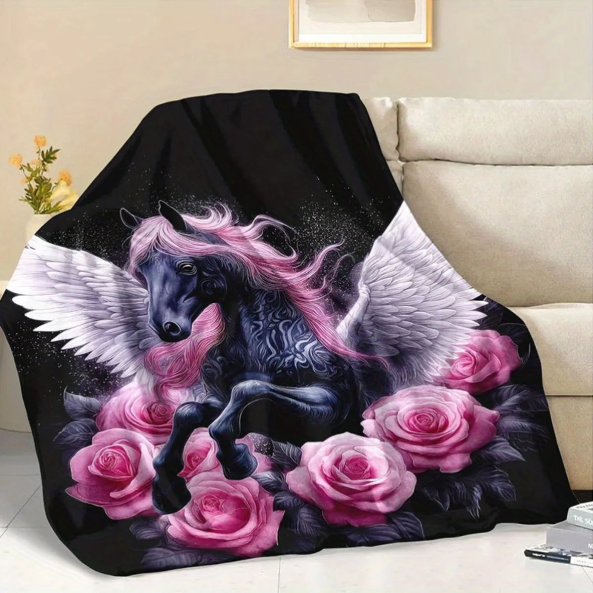 Mystical Pegasus Rose Flannel Blanket.Ultra Soft Cozy Throw for Bed, Sofa & Relaxation