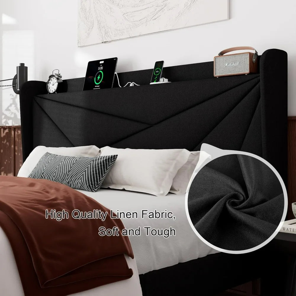 "linen-covered king-sized platform bed with wingback headboard and built-in charging station"