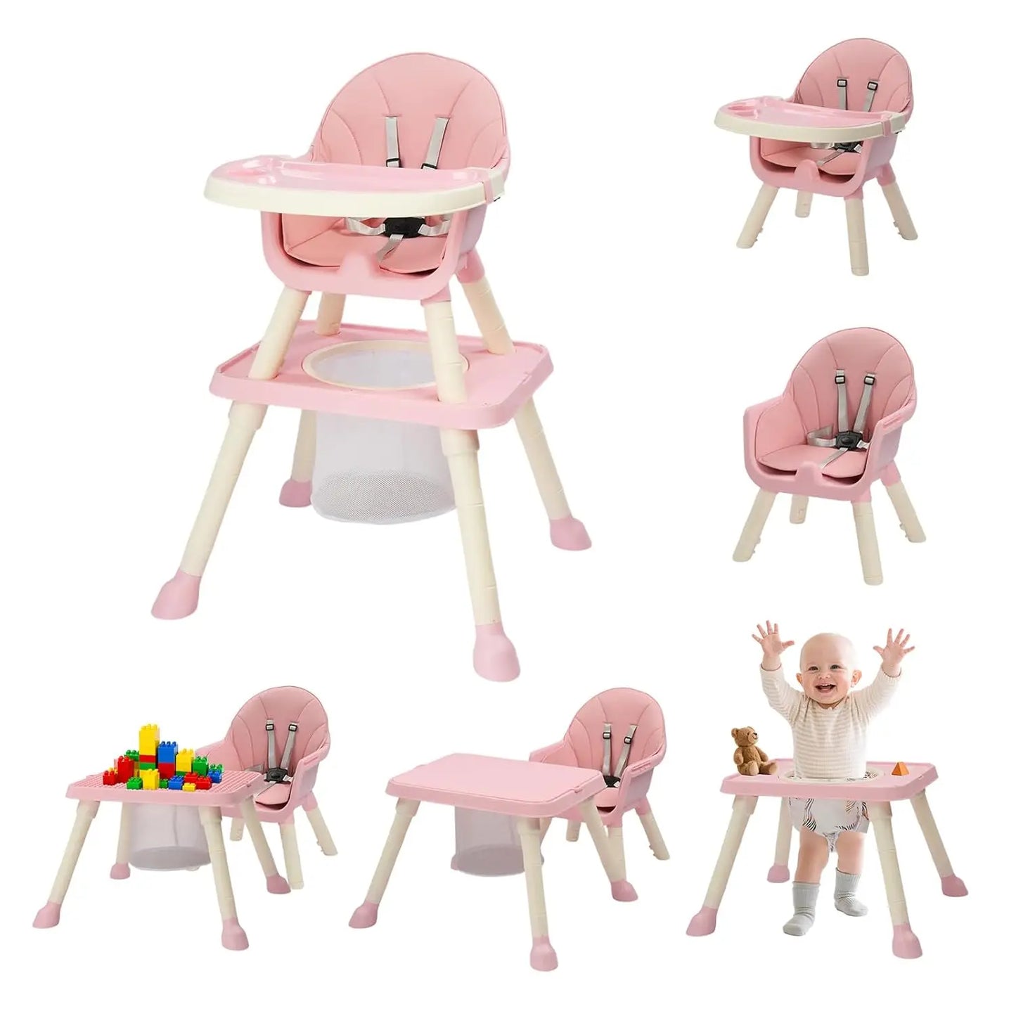 7-in-1 Convertible Baby High Chair & Toddler Feeding Chair with Storage Basket .