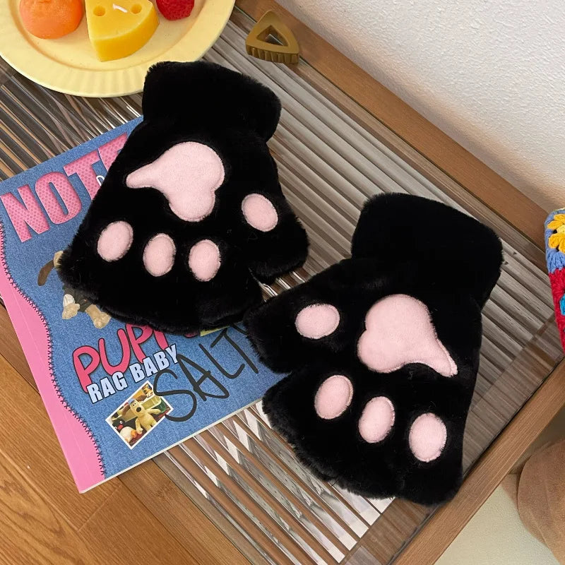 Lovely Plush Cat Paw Gloves Warm Mittens Short Fingerless