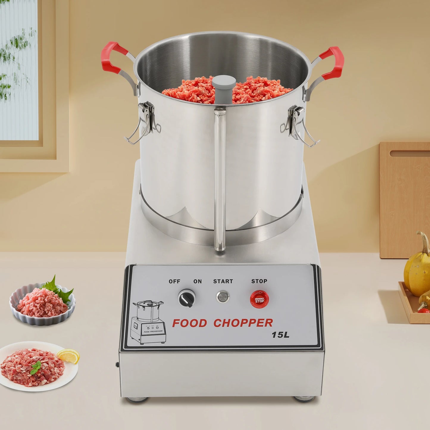 15L 201 Stainless Steel Silver Food Processor Chopping Machine 110V ,Tabletop 1400rpm for Restaurants, Cafeterias